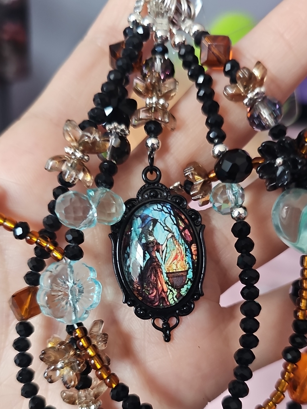 Black Beaded Pendant Necklace with Multicolor Phone Charm